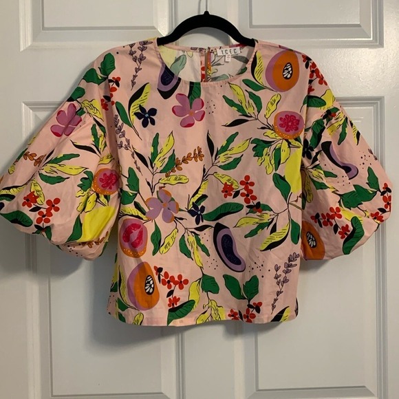 TCEC Arielle Colorful Fruit Lemon Floral Print Blouse Pink Tropical Top; Cotton - Picture 4 of 8